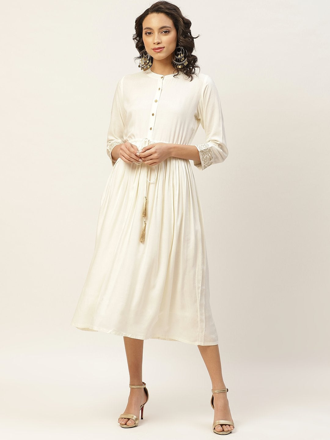 Women's Off White Zari Floral Embroidery Drawstring Dress