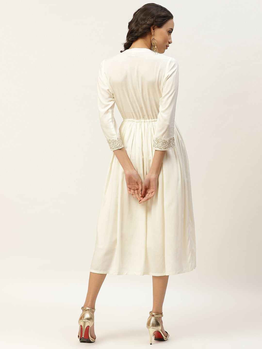 Women's Off White Zari Floral Embroidery Drawstring Dress