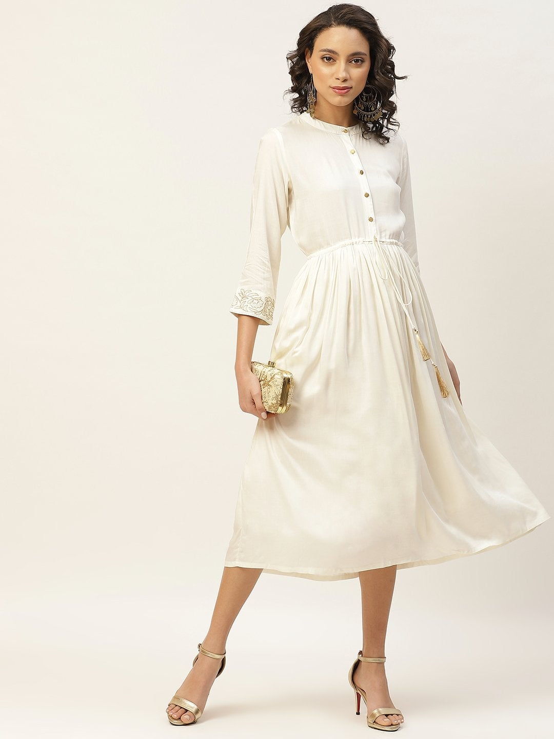 Women's Off White Zari Floral Embroidery Drawstring Dress