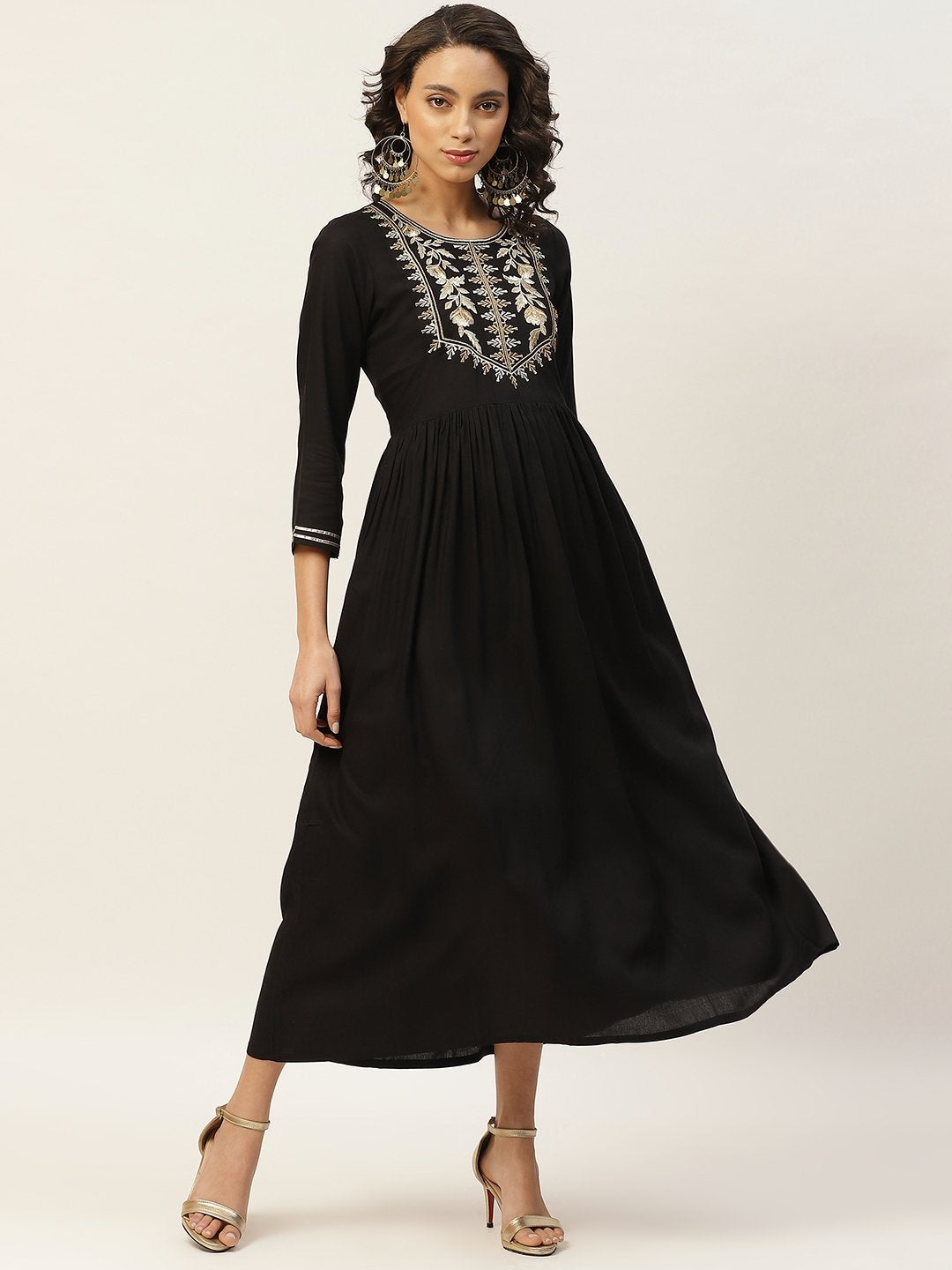 Women's Black Zari Embroidery Gathered Dress