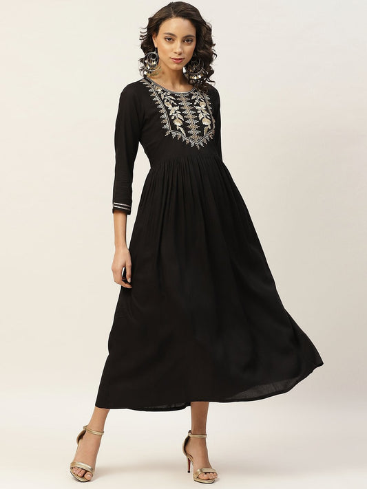 Women's Black Zari Embroidery Gathered Dress