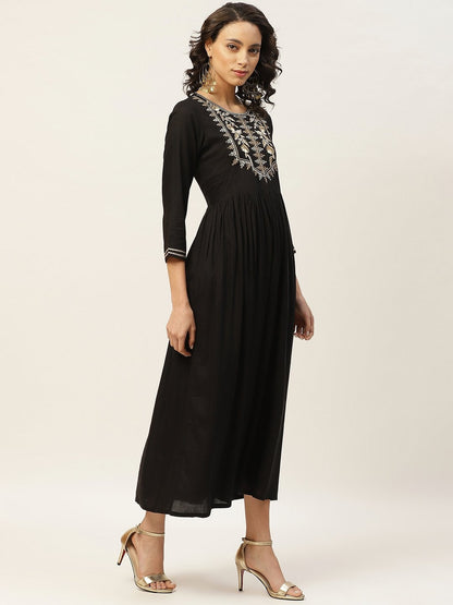 Women's Black Zari Embroidery Gathered Dress