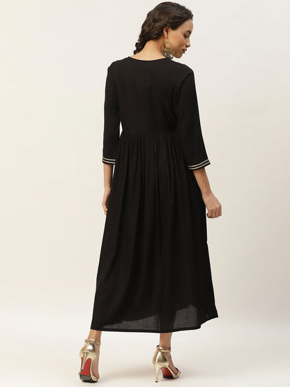 Women's Black Zari Embroidery Gathered Dress