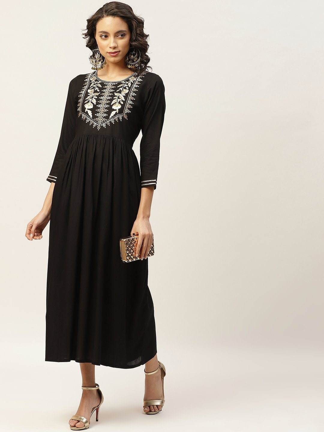Women's Black Zari Embroidery Gathered Dress