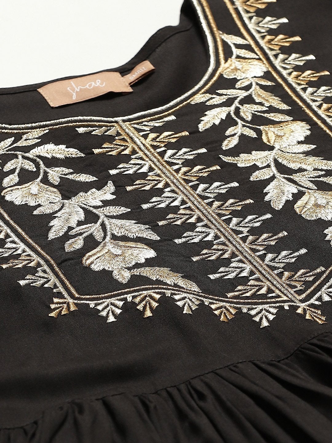 Women's Black Zari Embroidery Gathered Dress