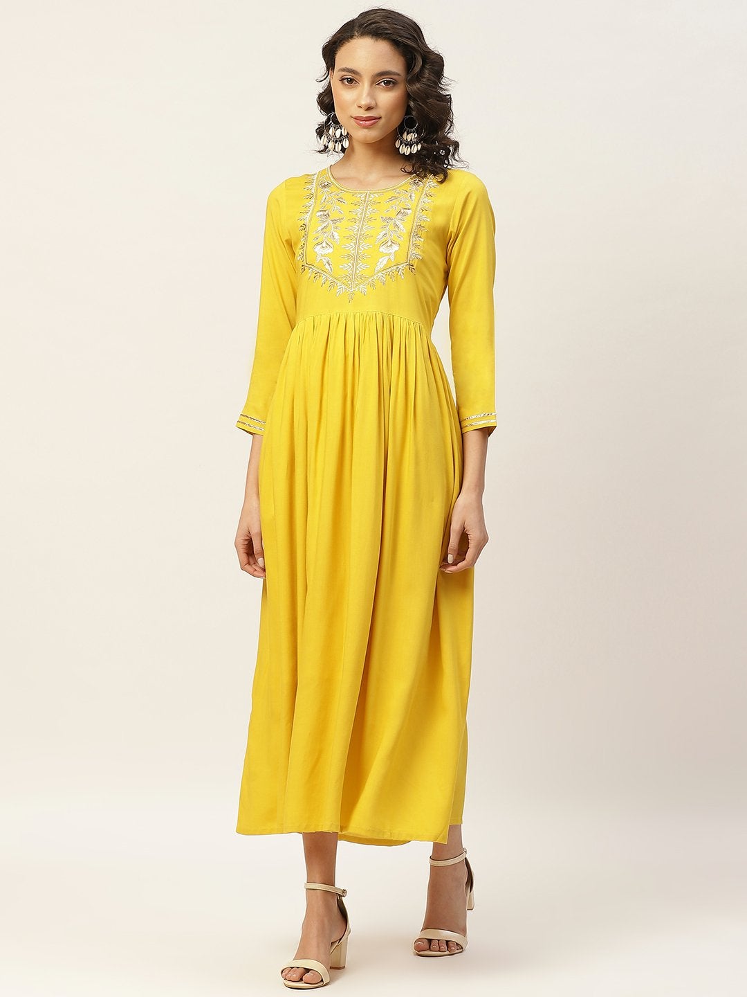 Women's Yellow Zari Embroidery Gathered Dress