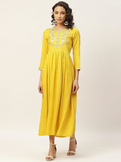 Women's Yellow Zari Embroidery Gathered Dress