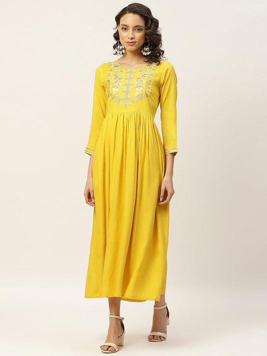 Women's Yellow Zari Embroidery Gathered Dress