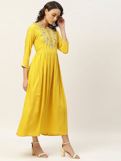 Women's Yellow Zari Embroidery Gathered Dress