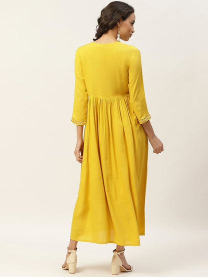 Women's Yellow Zari Embroidery Gathered Dress