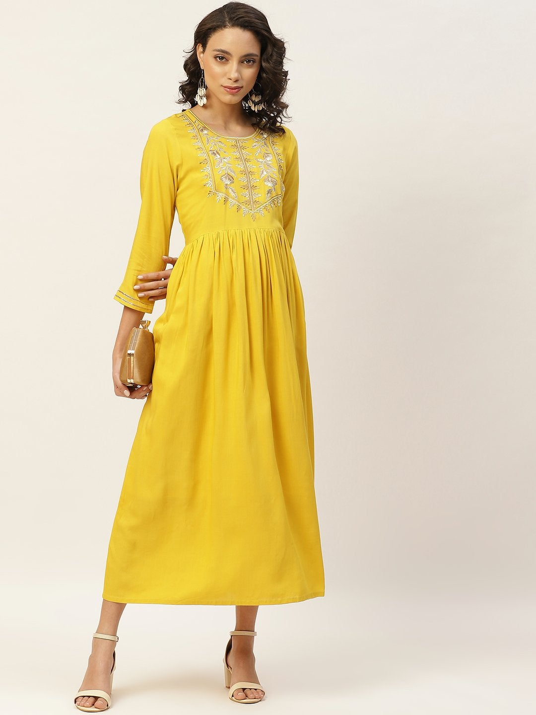 Women's Yellow Zari Embroidery Gathered Dress
