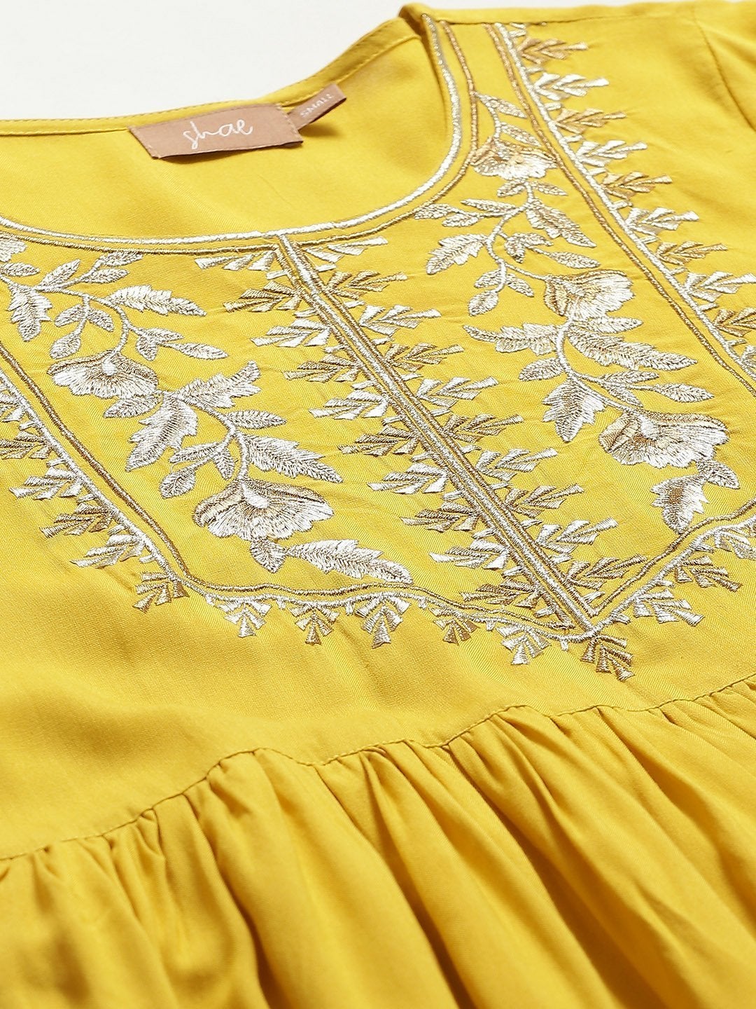 Women's Yellow Zari Embroidery Gathered Dress