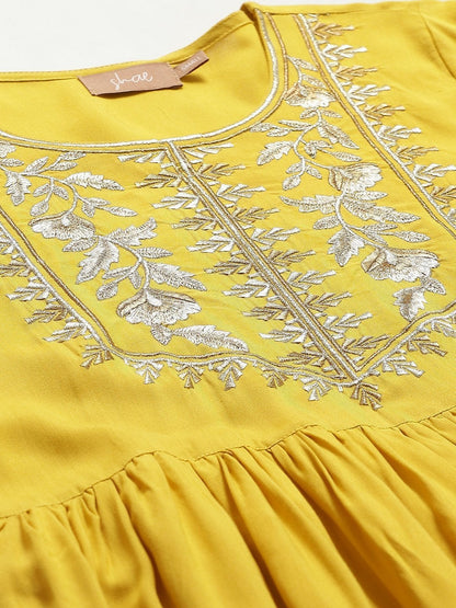 Women's Yellow Zari Embroidery Gathered Dress