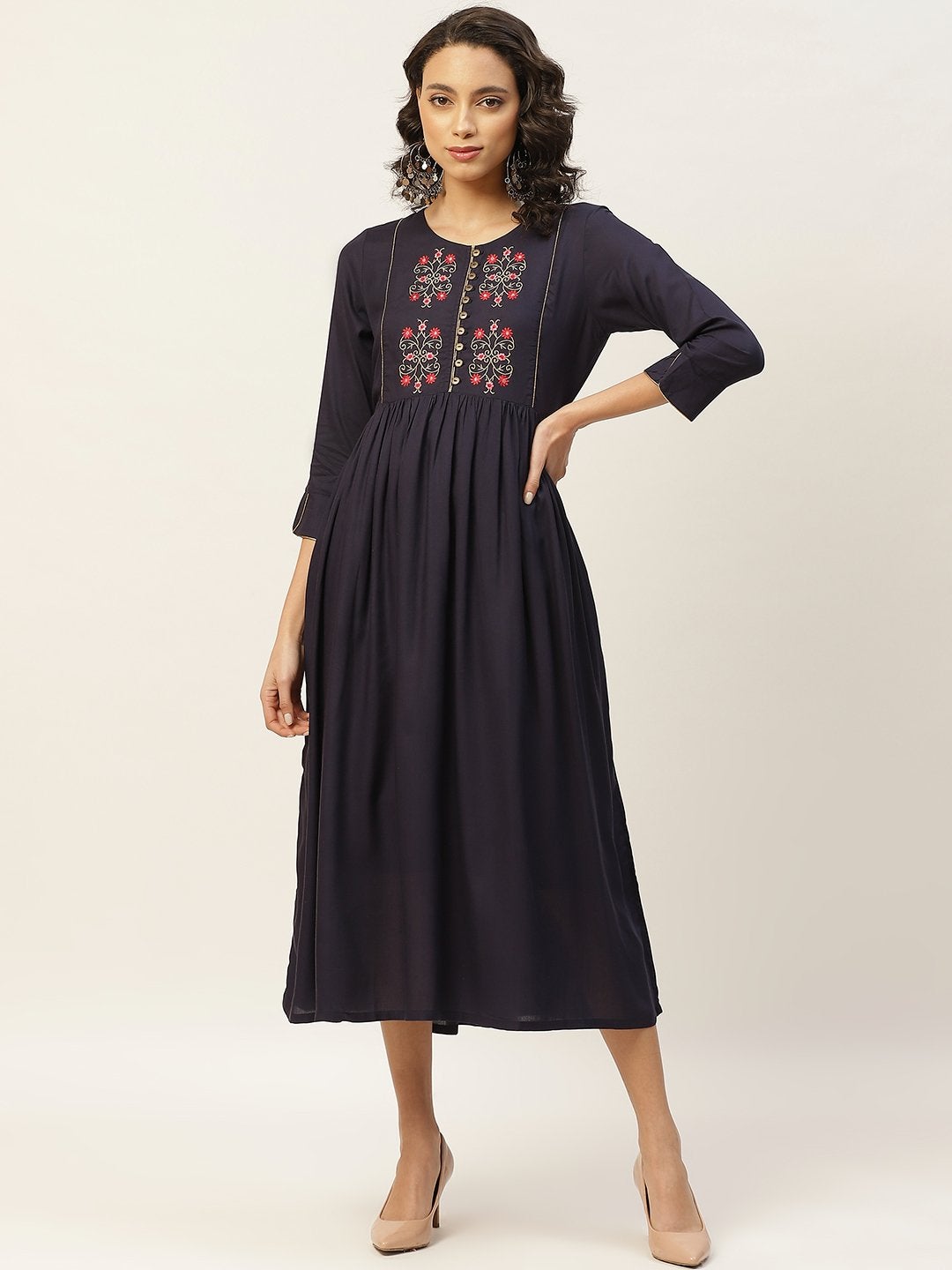 Women's Navy Floral Embroidery Gathered Dress