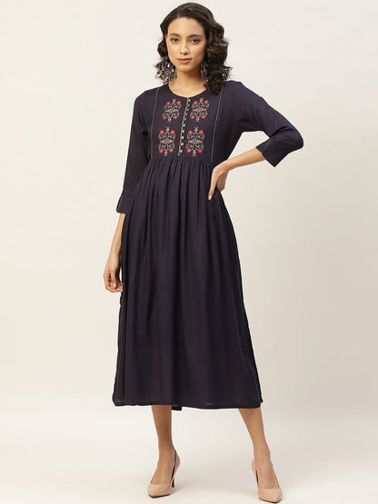 Women's Navy Floral Embroidery Gathered Dress