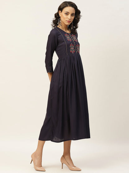 Women's Navy Floral Embroidery Gathered Dress