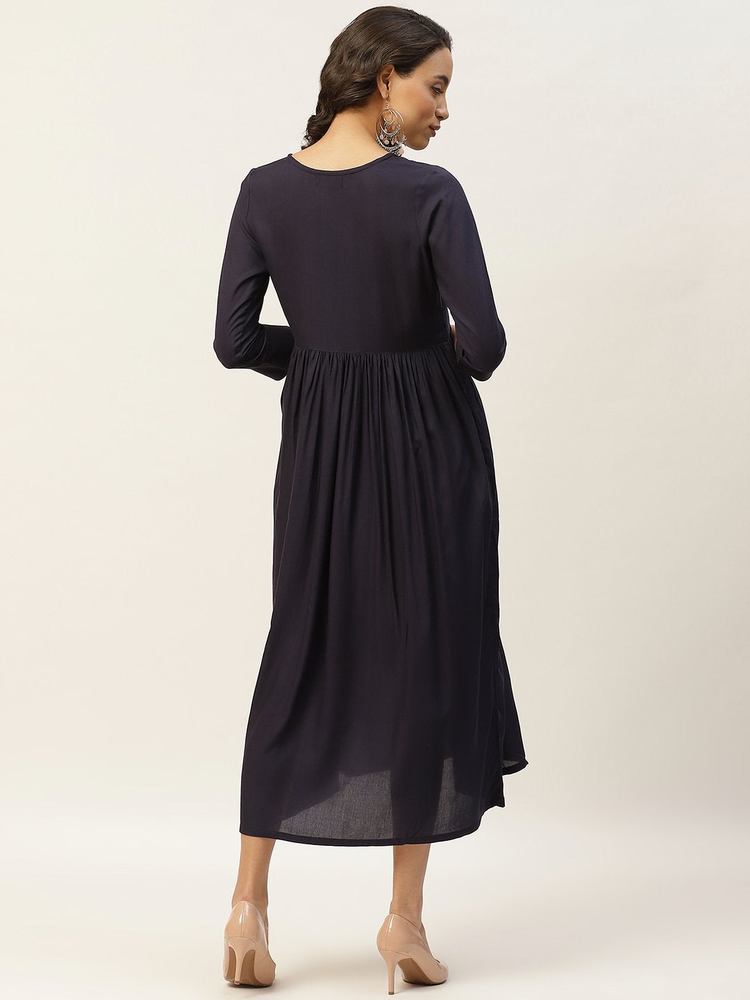 Women's Navy Floral Embroidery Gathered Dress