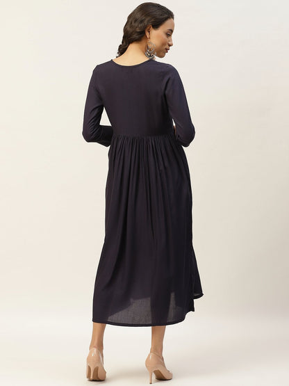 Women's Navy Floral Embroidery Gathered Dress