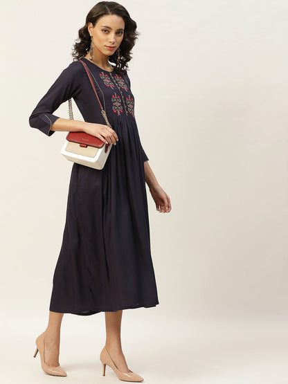 Women's Navy Floral Embroidery Gathered Dress