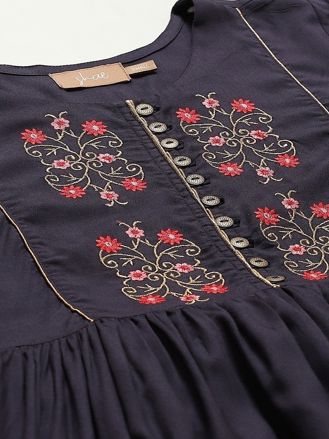 Women's Navy Floral Embroidery Gathered Dress
