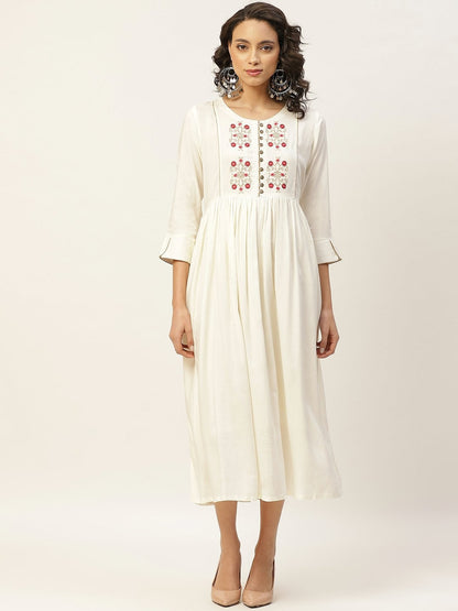 Women's Off White Floral Embroidery Gathered Dress