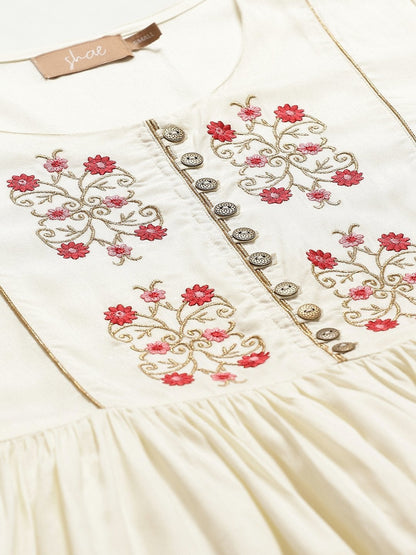 Women's Off White Floral Embroidery Gathered Dress
