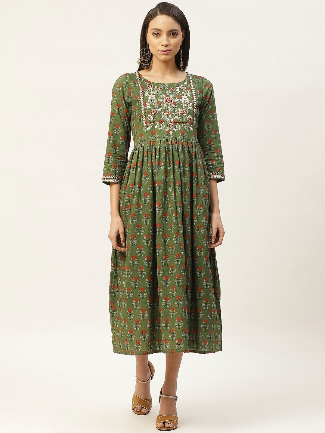 Women's Olive Floral Zari Embroidery Gathered Dress