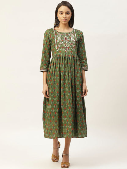 Women's Olive Floral Zari Embroidery Gathered Dress