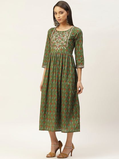 Women's Olive Floral Zari Embroidery Gathered Dress