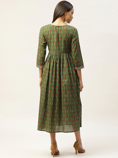 Women's Olive Floral Zari Embroidery Gathered Dress