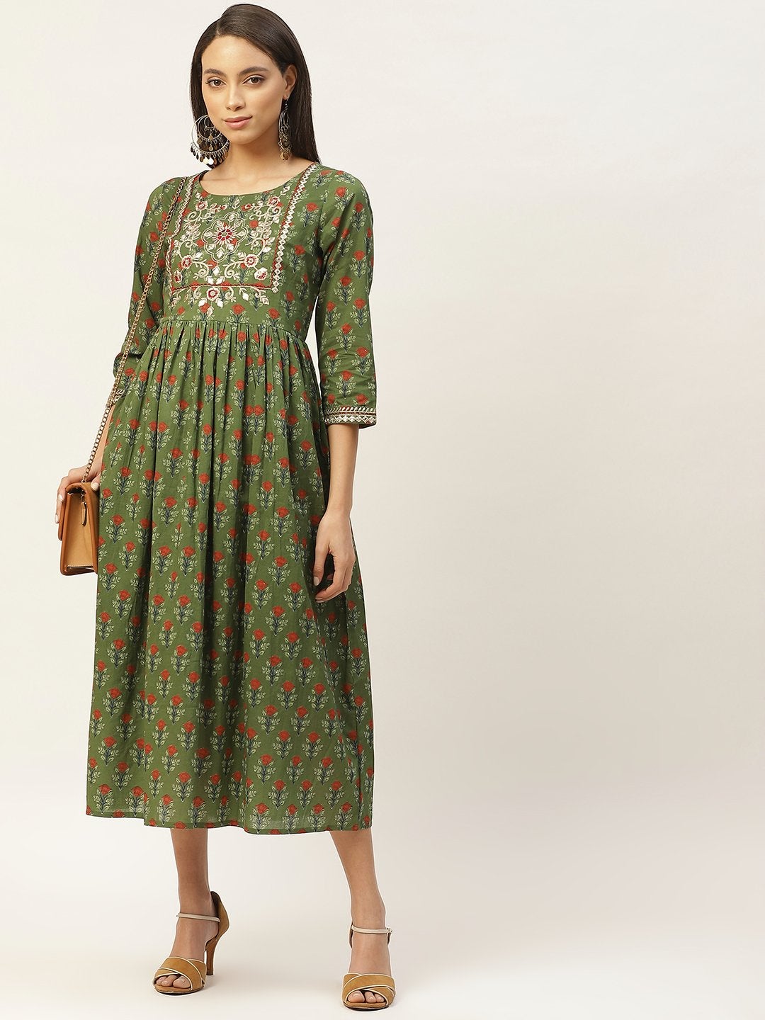 Women's Olive Floral Zari Embroidery Gathered Dress