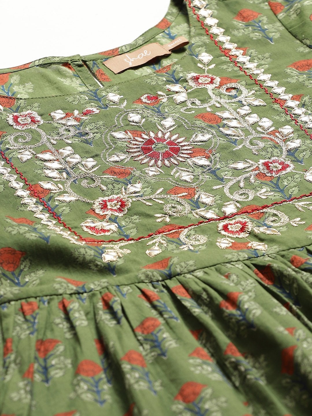 Women's Olive Floral Zari Embroidery Gathered Dress