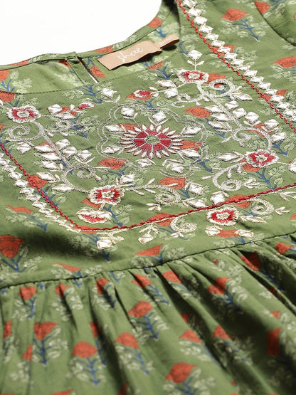 Women's Olive Floral Zari Embroidery Gathered Dress