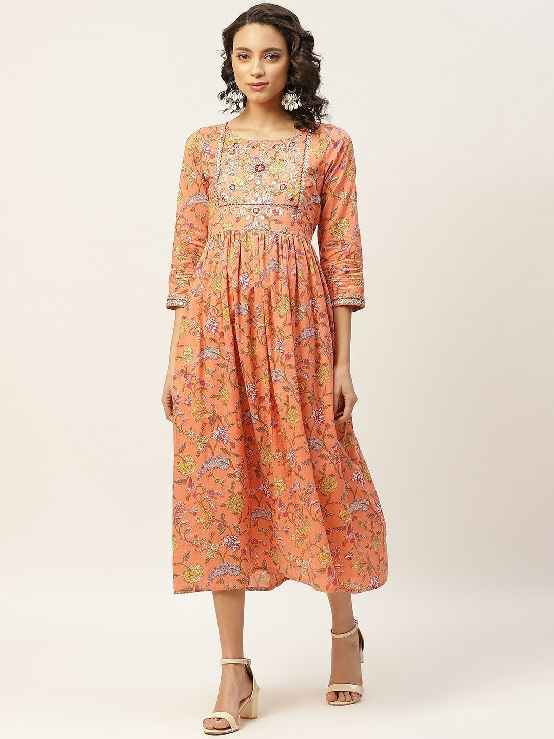 Women's Peach Floral Zari Embroidery Gathered Dress