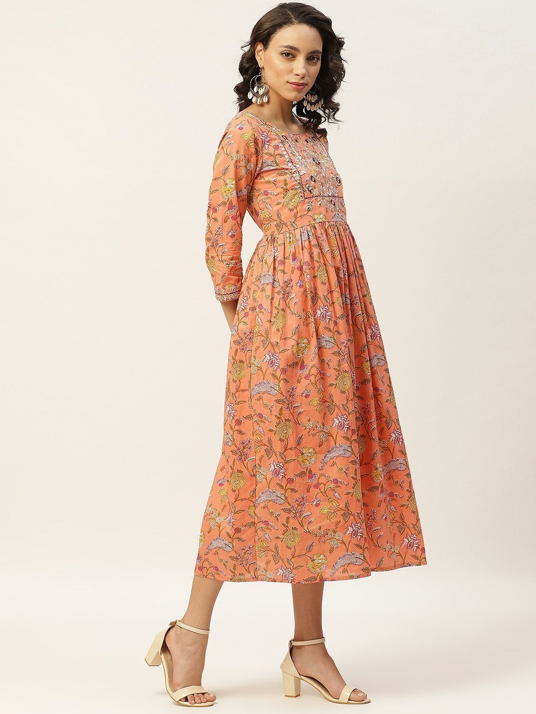 Women's Peach Floral Zari Embroidery Gathered Dress