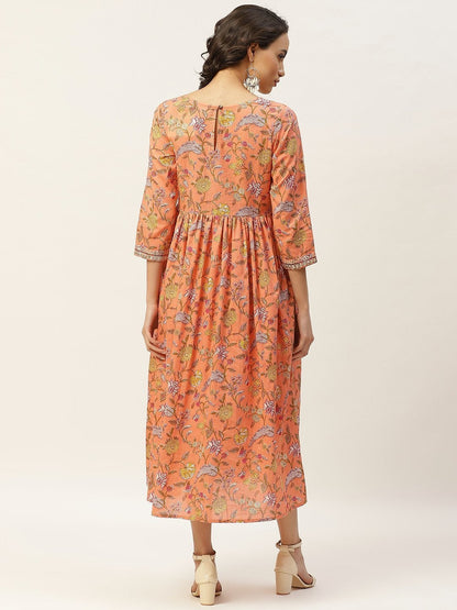 Women's Peach Floral Zari Embroidery Gathered Dress