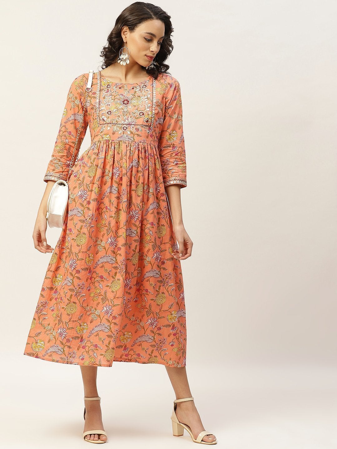 Women's Peach Floral Zari Embroidery Gathered Dress