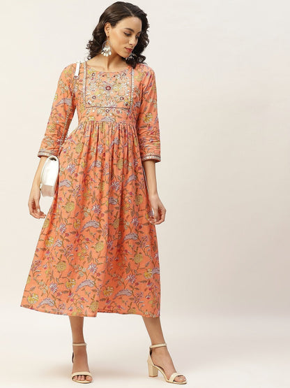 Women's Peach Floral Zari Embroidery Gathered Dress