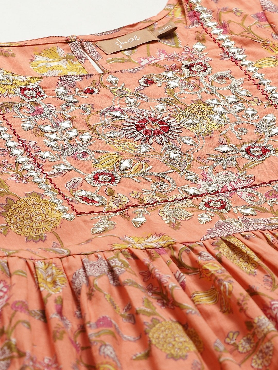 Women's Peach Floral Zari Embroidery Gathered Dress