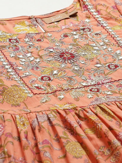 Women's Peach Floral Zari Embroidery Gathered Dress