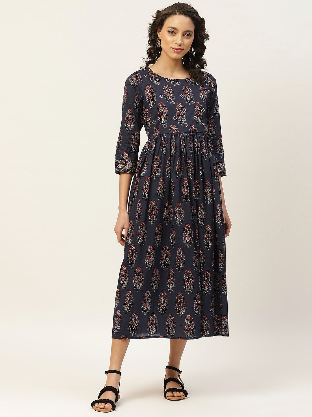 Women's Navy Floral Zari Emb Gathered Dress