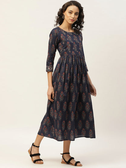 Women's Navy Floral Zari Emb Gathered Dress