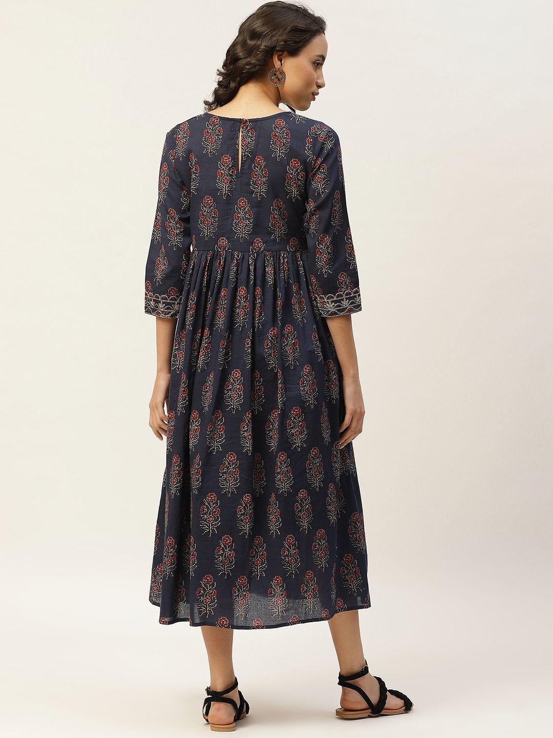 Women's Navy Floral Zari Emb Gathered Dress