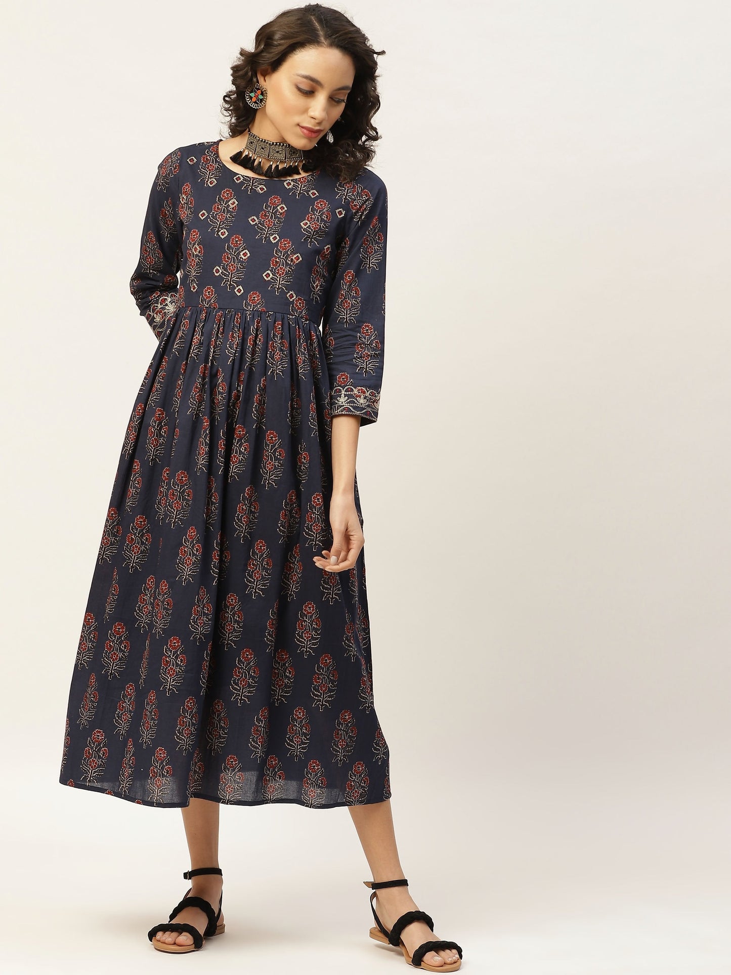 Women's Navy Floral Zari Emb Gathered Dress