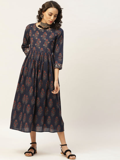 Women's Navy Floral Zari Emb Gathered Dress