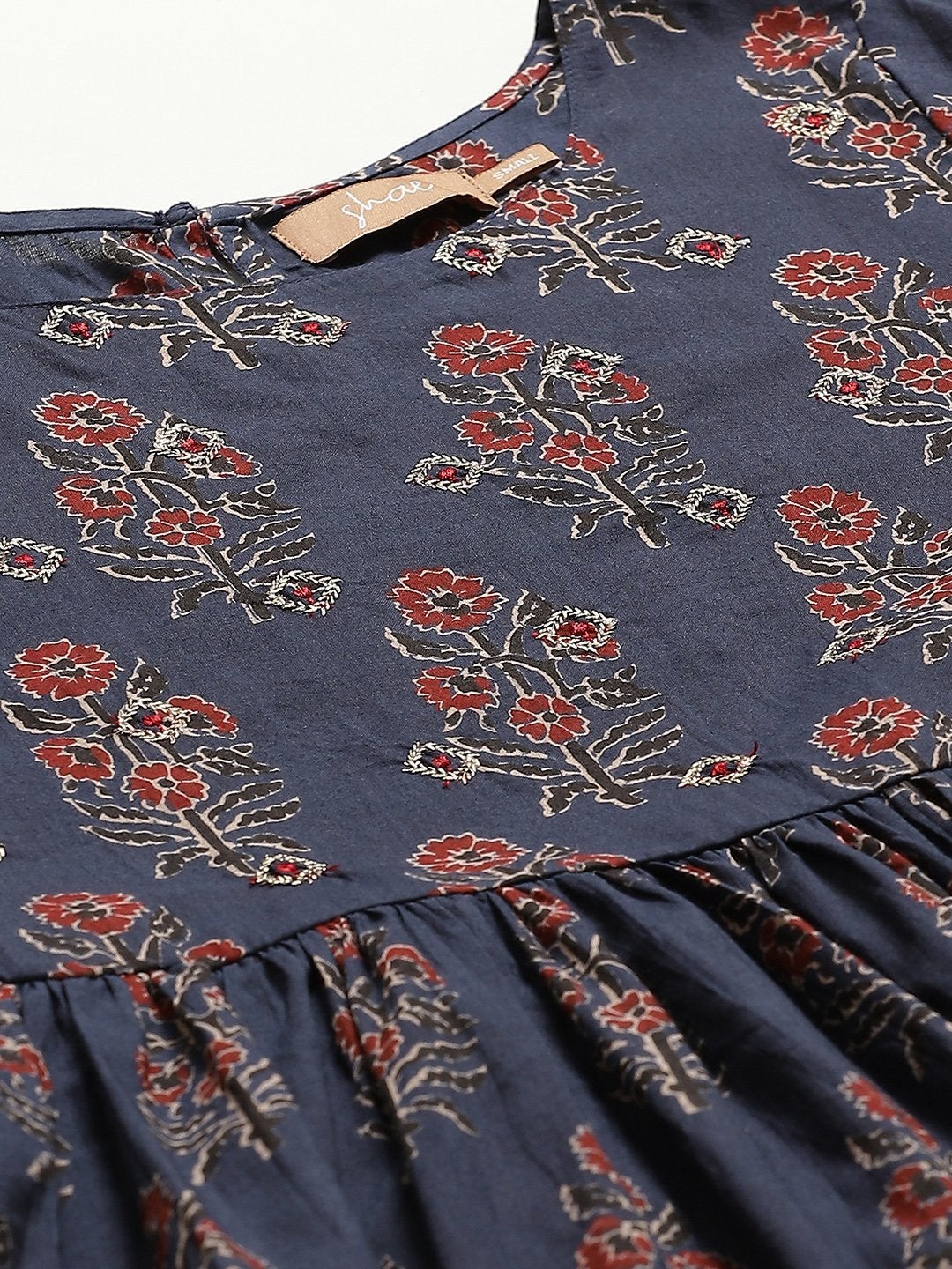 Women's Navy Floral Zari Emb Gathered Dress