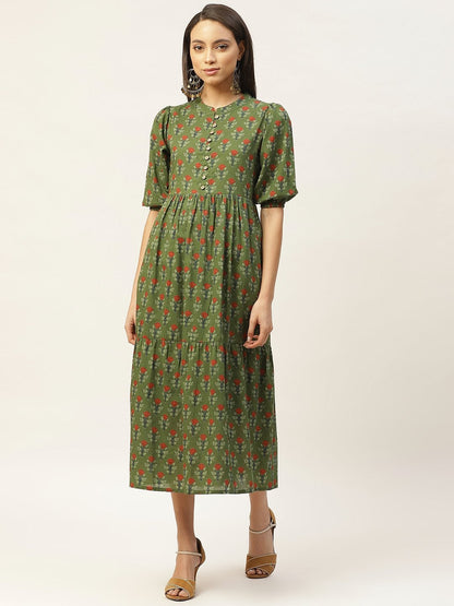 Women's Green Floral Tiered Midi Dress