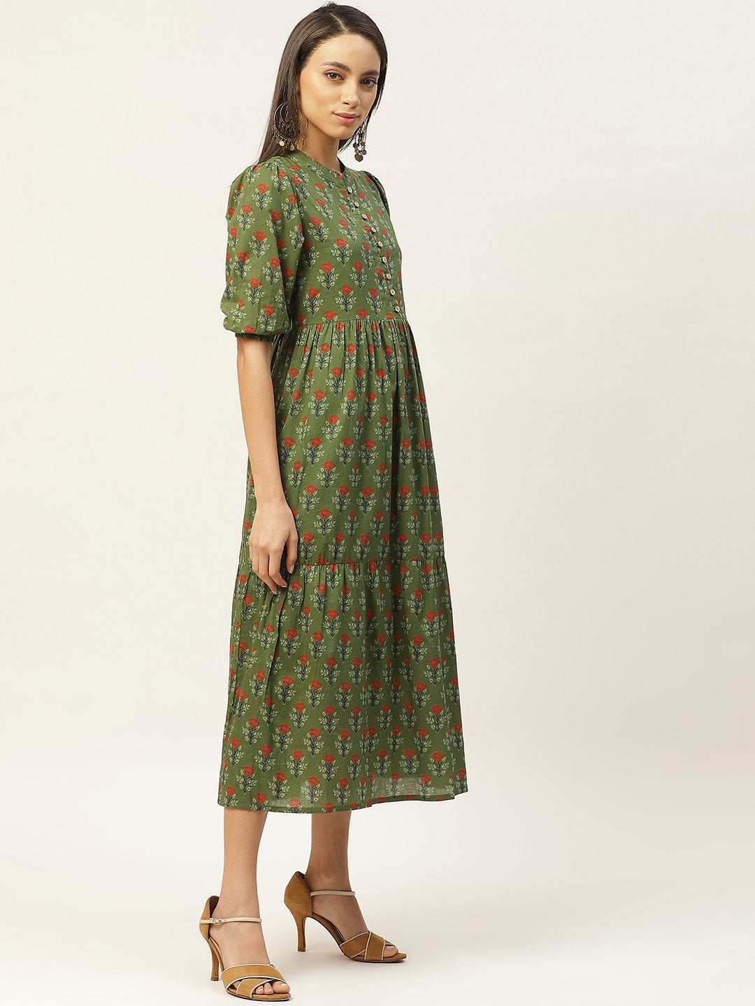 Women's Green Floral Tiered Midi Dress