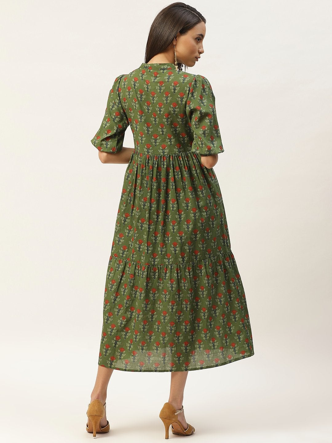 Women's Green Floral Tiered Midi Dress