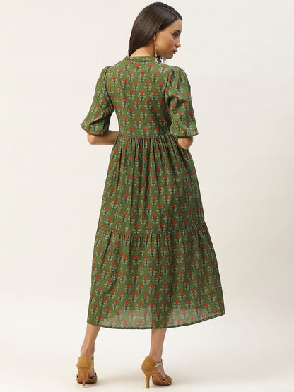 Women's Green Floral Tiered Midi Dress